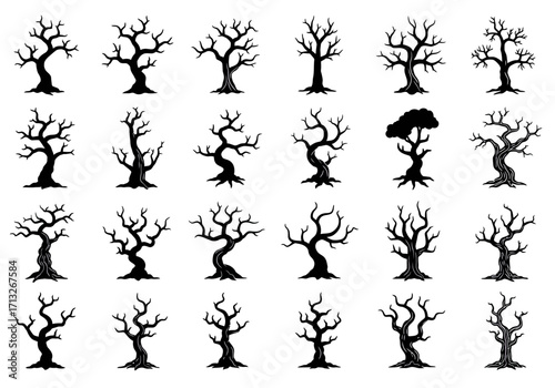 Collection of 25 black silhouette dead trees