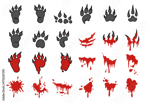 Collection of animal paw prints and blood splatters