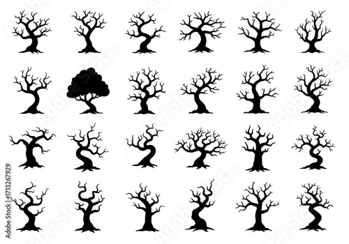 Silhouette illustrations of bare trees with gnarled branches