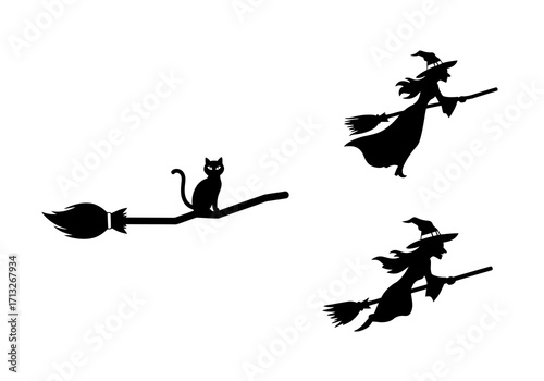 Silhouette of a black cat on a broomstick and two witches flying on broomsticks