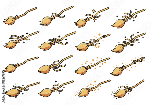 Sixteen cartoon brooms with varying ribbon and sparkle details