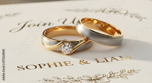 Elegant Wedding Rings and Invitation with Names Sophie & Liam