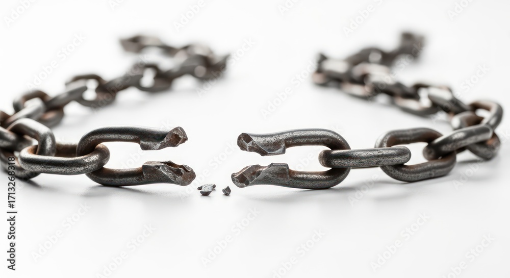 Fototapeta premium Severed metallic chain against stark background conveying break or disconnect concept