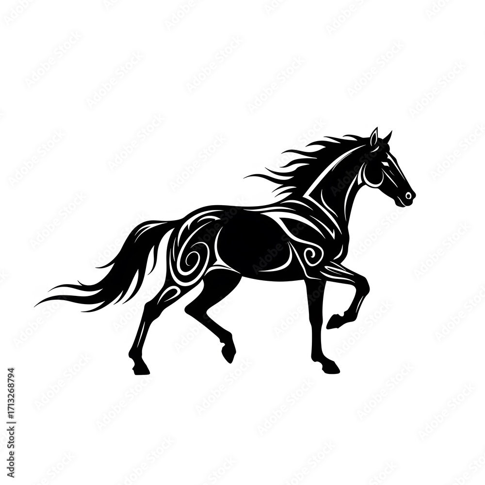 Fototapeta premium Stylized Black Horse Illustration with Swirling Patterns in Dynamic Running Pose