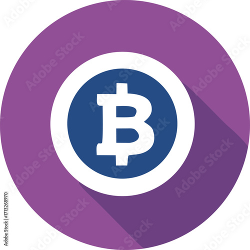Modern flat bitcoin logo icon with purple circle and deep shadow for digital currency and finance