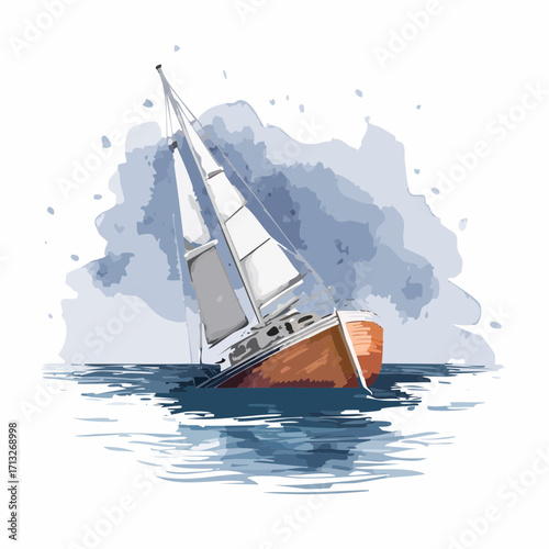 capsized sailboat graphite sketch with sea blue watercolor wash for nautical art