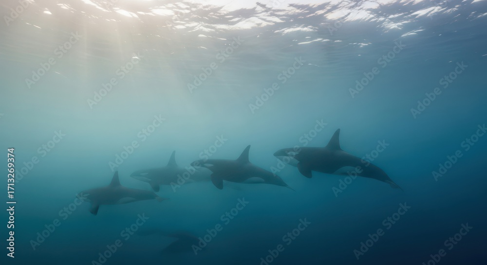 Fototapeta premium Underwater ballet of orcas in clear blue ocean under bright sunlight creates a sense of serenity