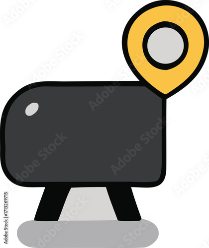 Digital geolocation technology concept device with location pin symbol for navigation and tracking services