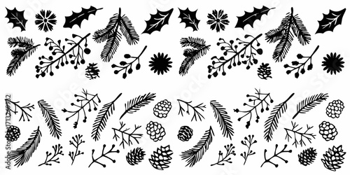 Collection of hand drawn black silhouette winter holiday elements including pine branches holly berries and pinecones
