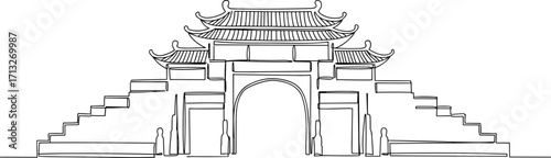 Traditional Asian architectural gate in line style with transparent background, showcasing intricate details and cultural significance  