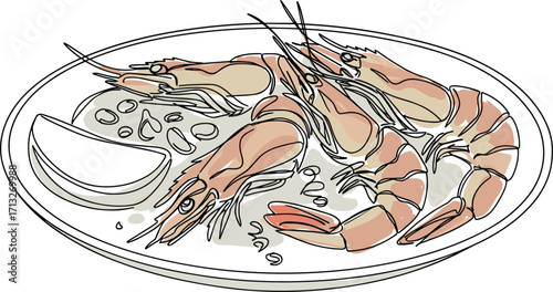 Shrimp platter with three cooked shrimp and lime slice on a plate  