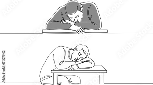 Two men resting with their heads on desks, depicting tiredness in line style, transparent background, strict rule: show detail of the image representation.  