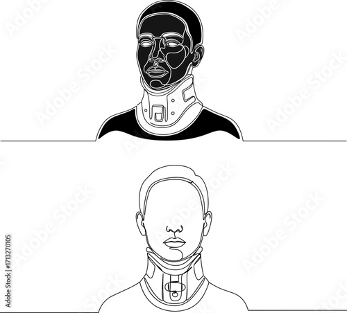 Illustrative depiction of a person wearing a neck brace in line style on transparent background  