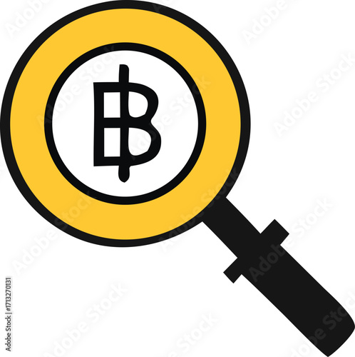 Bitcoin cryptocurrency symbol magnified by yellow magnifying glass icon for digital currency investment and financial technology