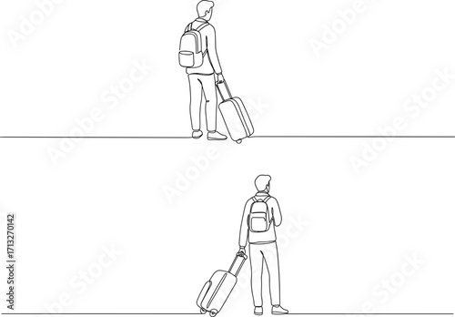Line art illustration of a traveler standing with a suitcase and backpack  