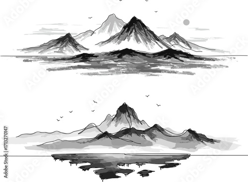 Abstract black and white mountain landscape illustrations with reflections and clouds  