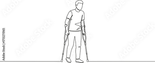 Man using crutches while standing and balancing in line art style, transparent background  