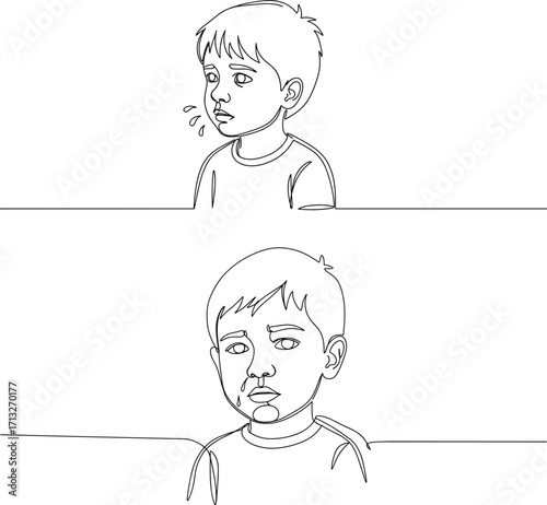 Young boy expressing emotions in line style drawing with transparent background  