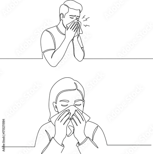 Outline of man and woman sneezing and blowing nose on transparent background