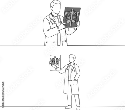 Doctor examining x-ray images while standing and sitting in a clinical setting  