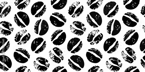 Seamless pattern of black coffee beans with a textured grunge effect on a white background