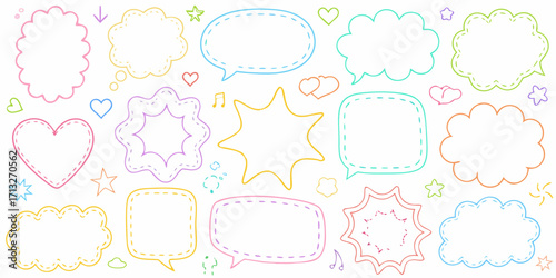 Collection of colorful hand drawn speech bubbles and decorative elements on a white background