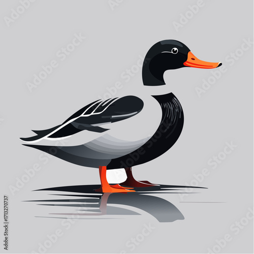 Minimalist vector illustration of a stylized duck in a flat design, monochromatic with an orange beak