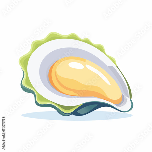 Minimalist vector illustration of an open oyster shellfish, clean white background, flat design
