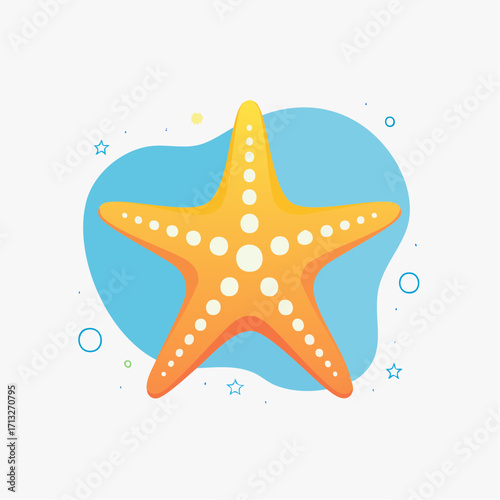 Cute orange starfish vector illustration, cartoon sea animal on a blue abstract background