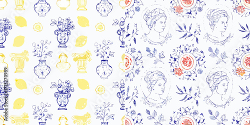 Charming vintage pattern with classical busts floral arrangements and lemons in blue and yellow watercolor