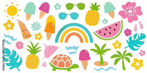 Vibrant collection of colorful summer vacation icons and elements on a white background