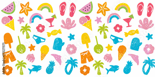 Vibrant summer vacation icons pattern with beach and tropical elements