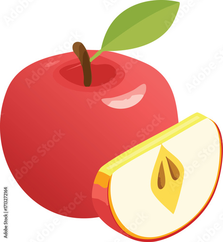 A fresh red apple and a single slice with seeds. An isolated vector illustration for concepts of healthy food, diet, and nutrition. Generative AI