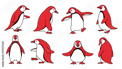 Cute Red Penguin Characters with Various Funny Poses Isolated on Transparent Background