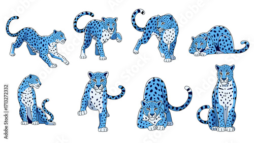 Cute Blue Snow Leopard Pixel Art Set of Eight Diverse Poses Isolated on Transparent Background