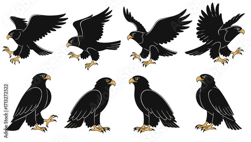 Majestic Black Eagle Bird Flying Landing Perched Standing Graceful Symbol of Freedom Isolated on Transparent Background