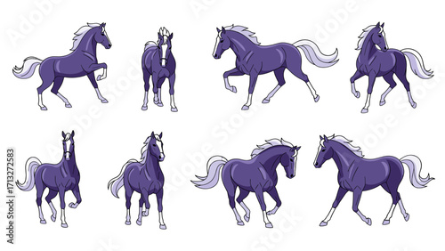 Majestic dark purple horses in dynamic poses isolated on transparent background elegant majestic creatures