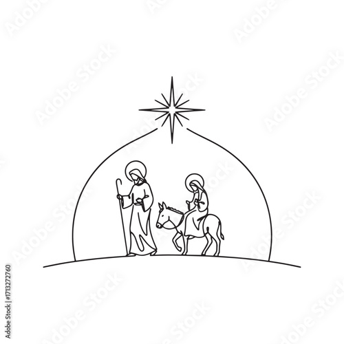 Continuous one-line drawing of the Nativity story: Mary on a donkey and Joseph's journey to Bethlehem, guided by the Christmas star. Minimalist religious line art.
