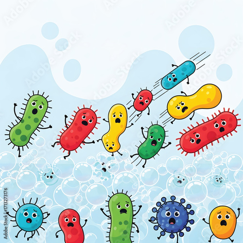 Cartoon depiction of various colorful bacteria and germs, some fleeing, surrounded by bubbles.