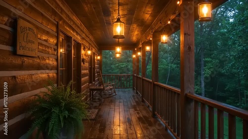 Cozy log cabin porch illuminated by vintage lanterns, surrounded by lush greenery at dusk