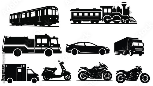 Black silhouette collection of diverse vehicles including trains cars trucks and motorcycles subway train