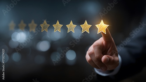 Customer Service Evaluation Concept. Users tap the smiley face icon on the virtual touchscreen. Quality review, feedback survey, highest five-star rating, market research, customer satisfaction.
