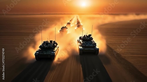 Convoy of tanks moving through the desert at sunset, creating a dramatic scene.