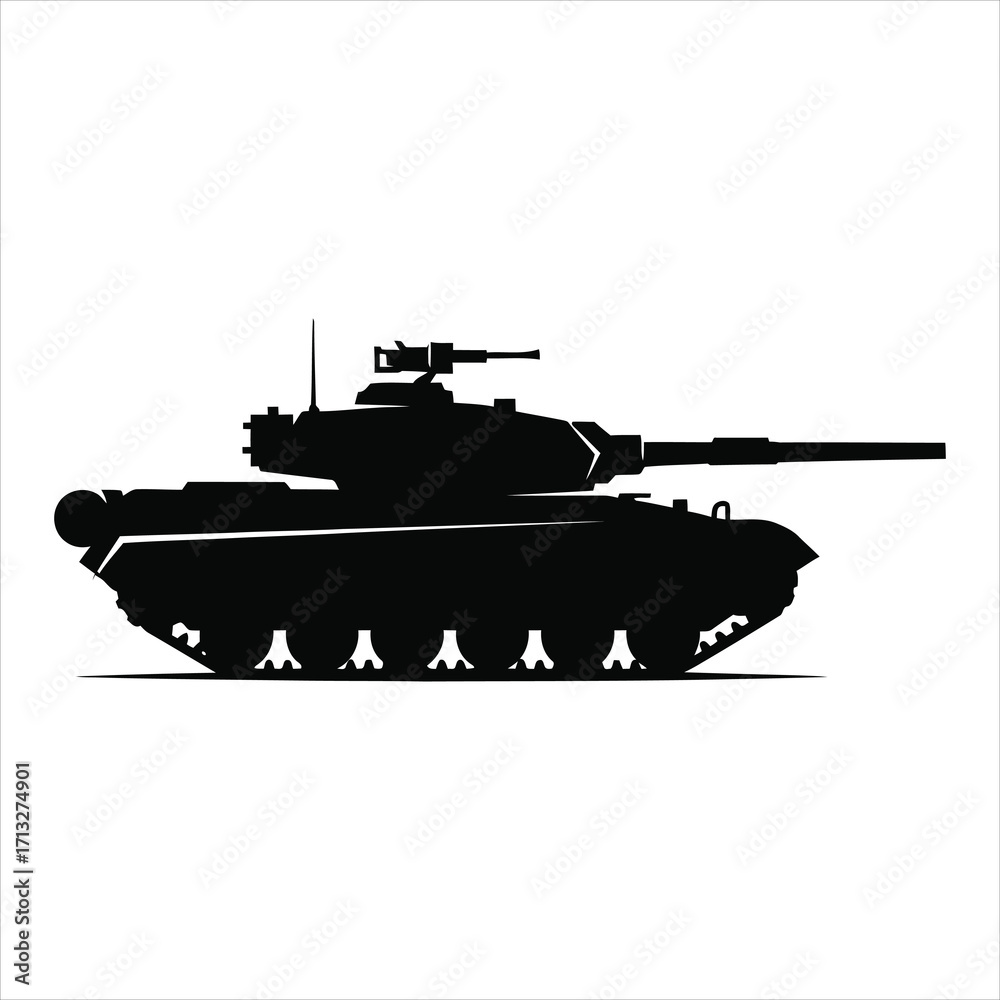 Fototapeta premium Black silhouette of a military tank with a turret and gun on a white background army vehicle