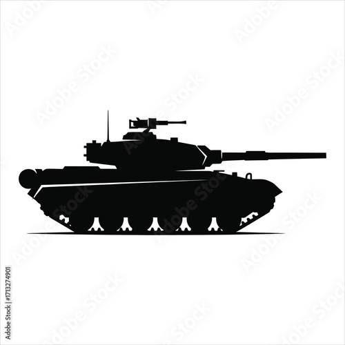 Black silhouette of a military tank with a turret and gun on a white background army vehicle