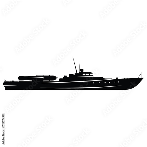 Black silhouette of a military patrol boat with torpedoes on white background vector