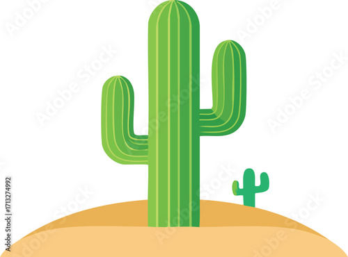 A simple, green saguaro cactus in the desert sand. An isolated flat design vector illustration for nature and western themes. Generative AI