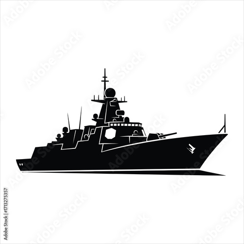 Black silhouette of a modern warship with radar and gun naval military