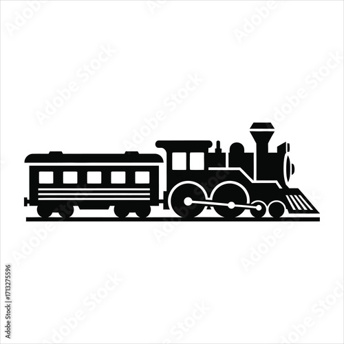 Black silhouette of a steam locomotive pulling a passenger car on white background train steam engine