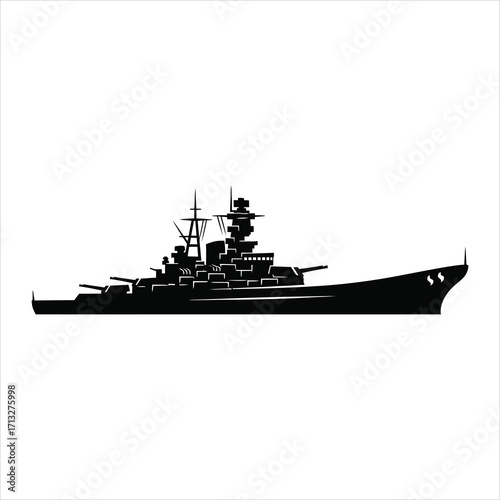 Black silhouette of a warship with multiple gun turrets and towers battleship naval